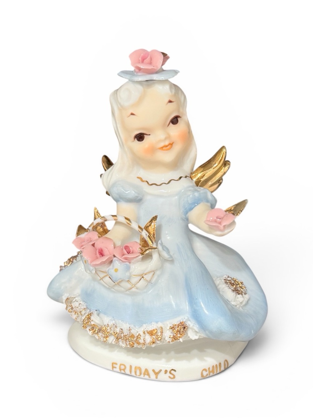 Lefton Friday’s Child Angel Figurine – Vintage Japan Porcelain 4” Blue with Pink
